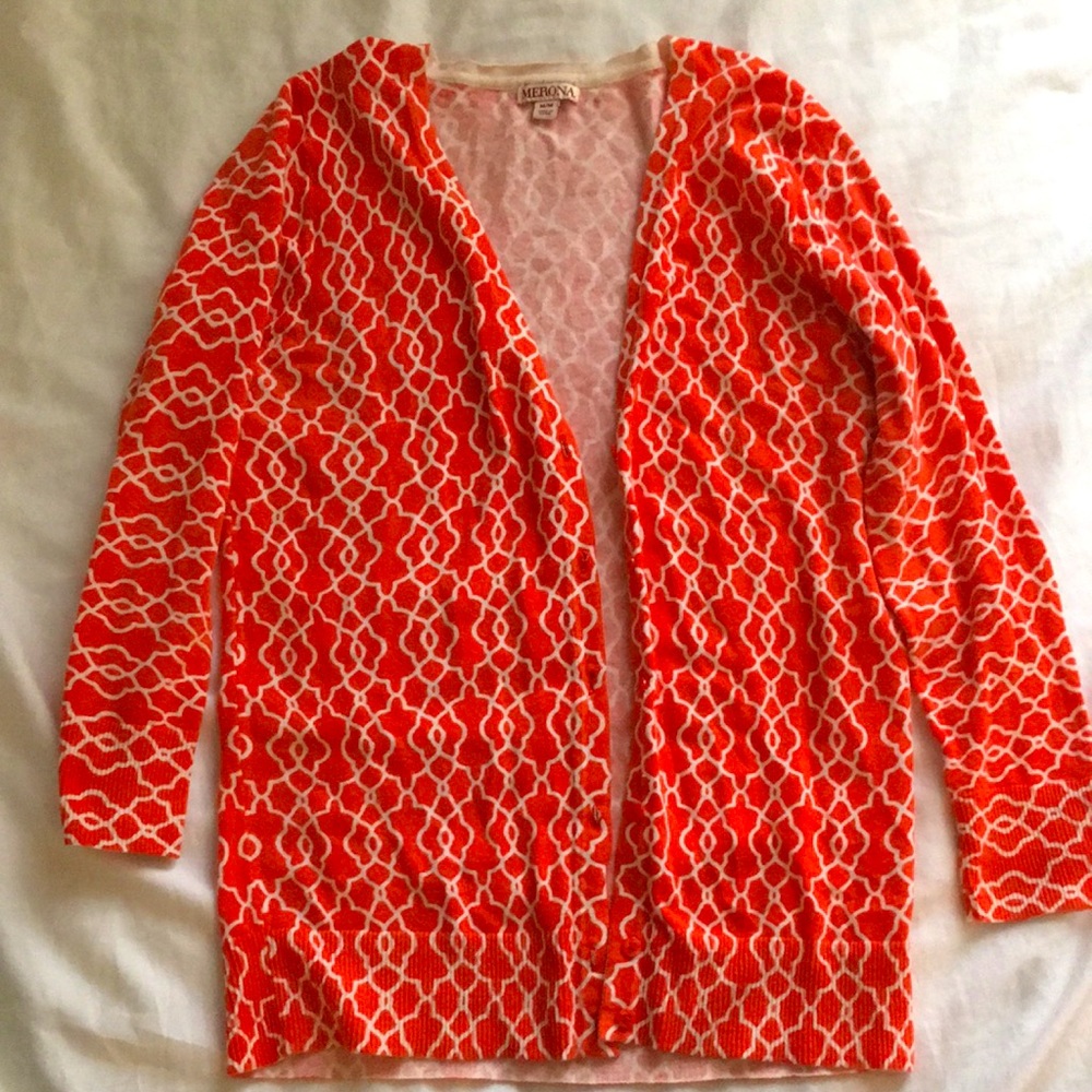 Patterned Orange & White Cardigan | Size Medium